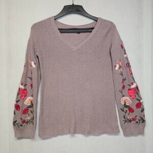 American Eagle Outfitters Lavender Embroidered Floral Bell Sleeve Sweater